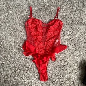Red lace lingerie bodysuit unitard teddy